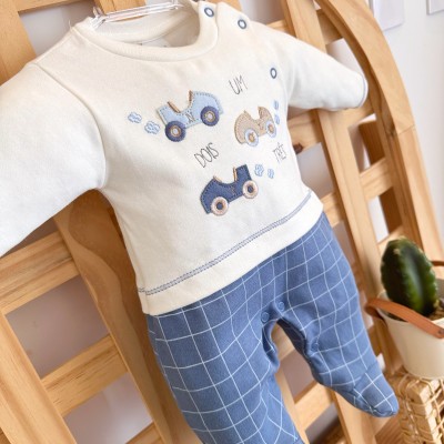 Macacão Malha Trape Zape - Carrinhos Um, Dois, Três - Azul Jeans e Off White